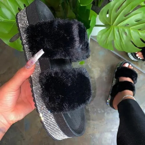 Rhinestone Faux Fur Slippers Platform Flat Shoes Flip Flops Sandals