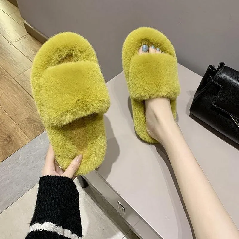 Rhinestone Faux Fur Slippers Platform Flat Shoes Flip Flops Sandals