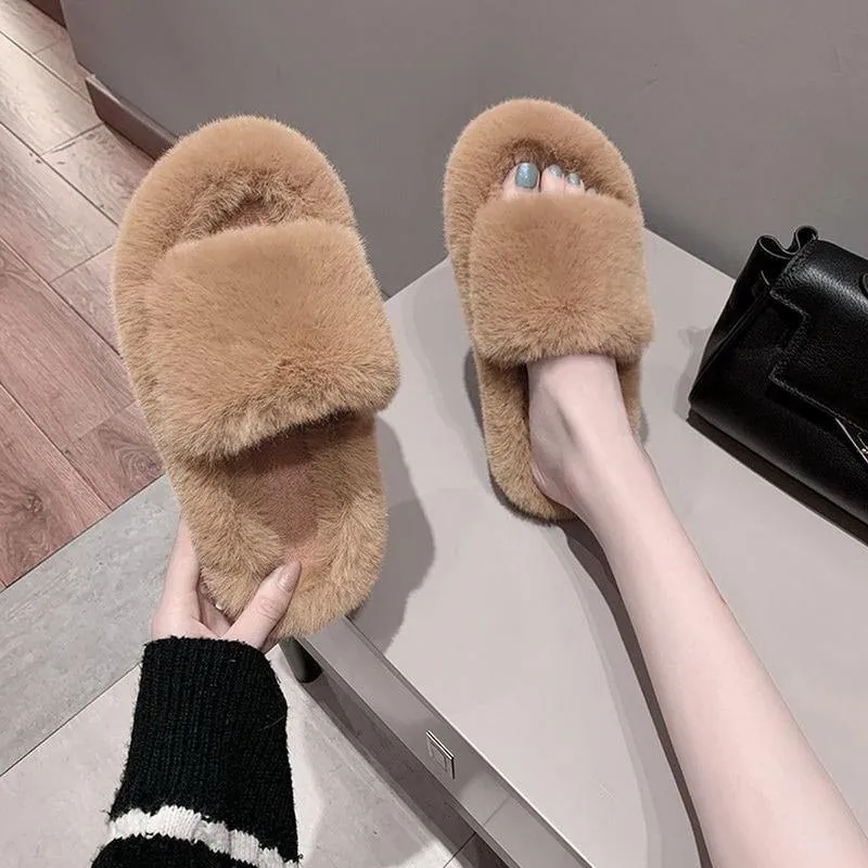Rhinestone Faux Fur Slippers Platform Flat Shoes Flip Flops Sandals