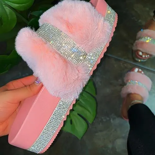 Rhinestone Faux Fur Slippers Platform Flat Shoes Flip Flops Sandals