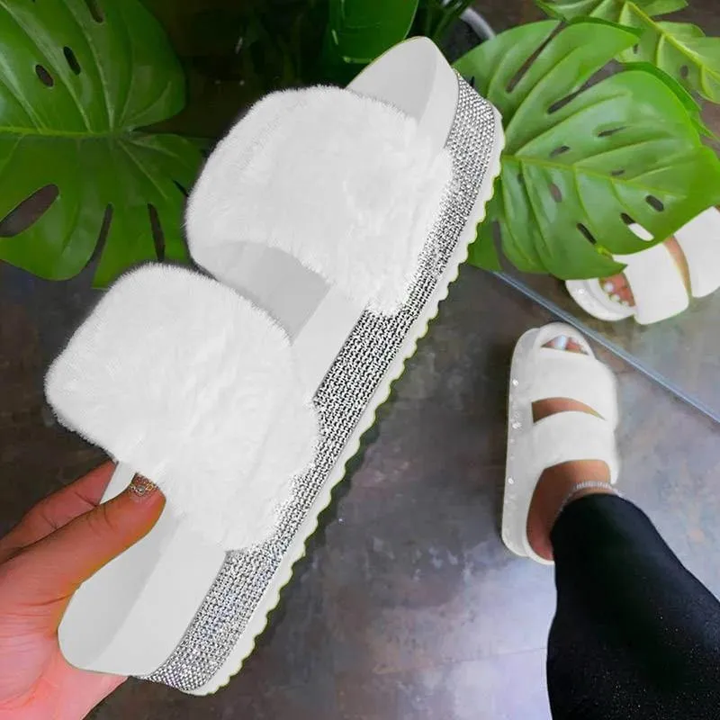 Rhinestone Faux Fur Slippers Platform Flat Shoes Flip Flops Sandals