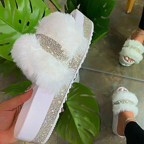 Rhinestone Faux Fur Slippers Platform Flat Shoes Flip Flops Sandals