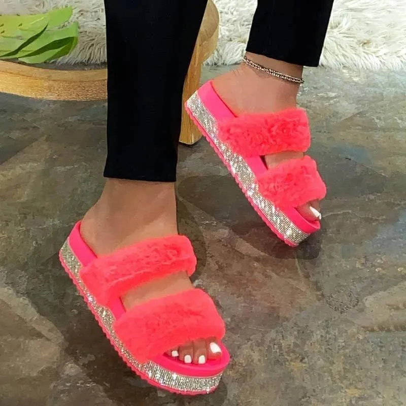 Rhinestone Faux Fur Slippers Platform Flat Shoes Flip Flops Sandals