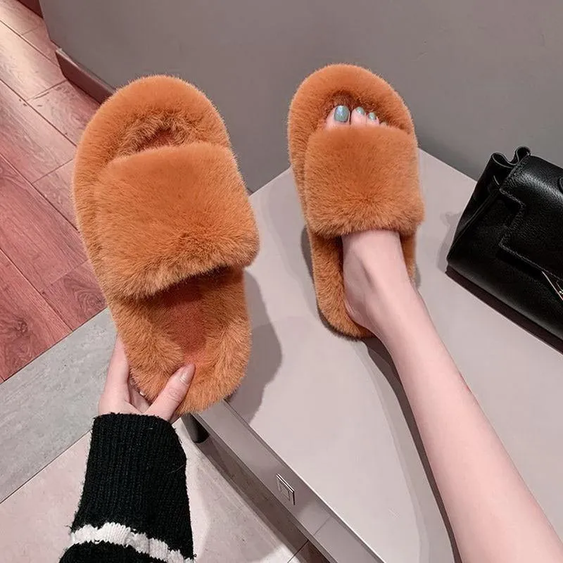 Rhinestone Faux Fur Slippers Platform Flat Shoes Flip Flops Sandals