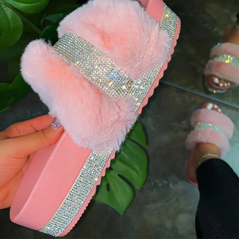 Rhinestone Faux Fur Slippers Platform Flat Shoes Flip Flops Sandals