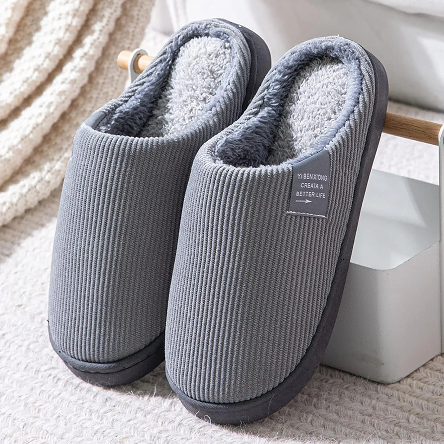 Roorsily Soft Plush Slippers for Men Comfortable Memory Foam Slippers Fleece Lined Cotton Slippers Winter Indoor Slippers