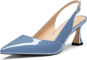 Saekcted Womens Mid Heel Pointed Toe Pumps Ankle Strap Slingback Slip-on Prom Cute Patent Leather Summer 2.6 Inches Heels