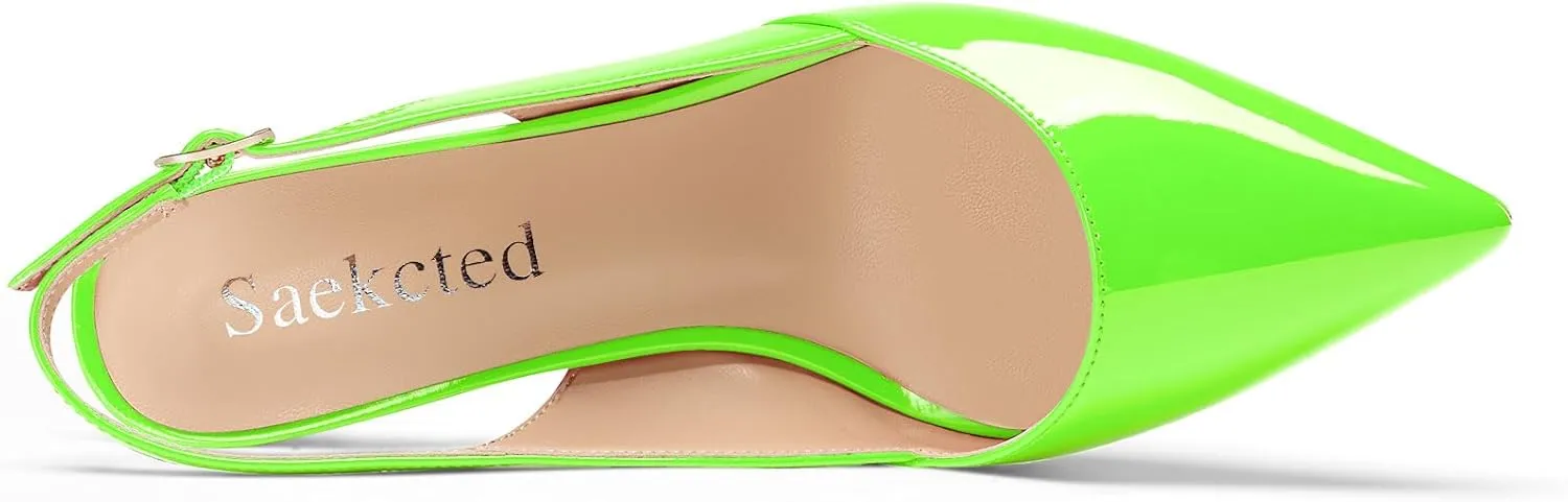 Saekcted Womens Mid Heel Pointed Toe Pumps Ankle Strap Slingback Slip-on Prom Cute Patent Leather Summer 2.6 Inches Heels