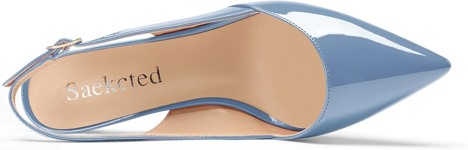 Saekcted Womens Mid Heel Pointed Toe Pumps Ankle Strap Slingback Slip-on Prom Cute Patent Leather Summer 2.6 Inches Heels