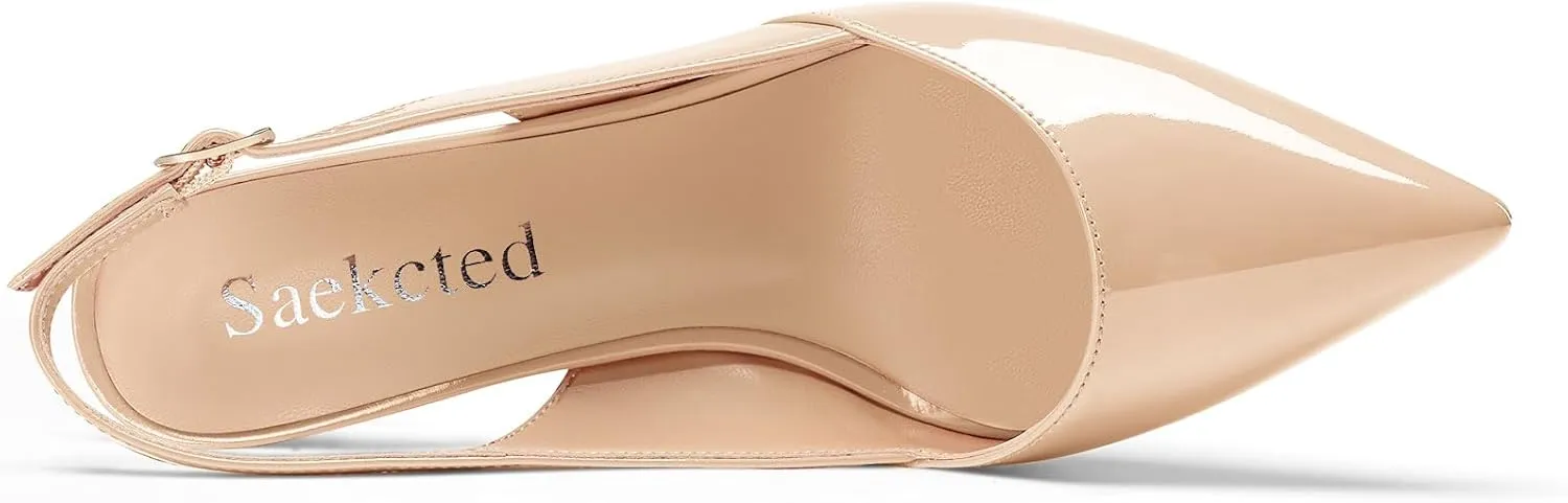 Saekcted Womens Mid Heel Pointed Toe Pumps Ankle Strap Slingback Slip-on Prom Cute Patent Leather Summer 2.6 Inches Heels