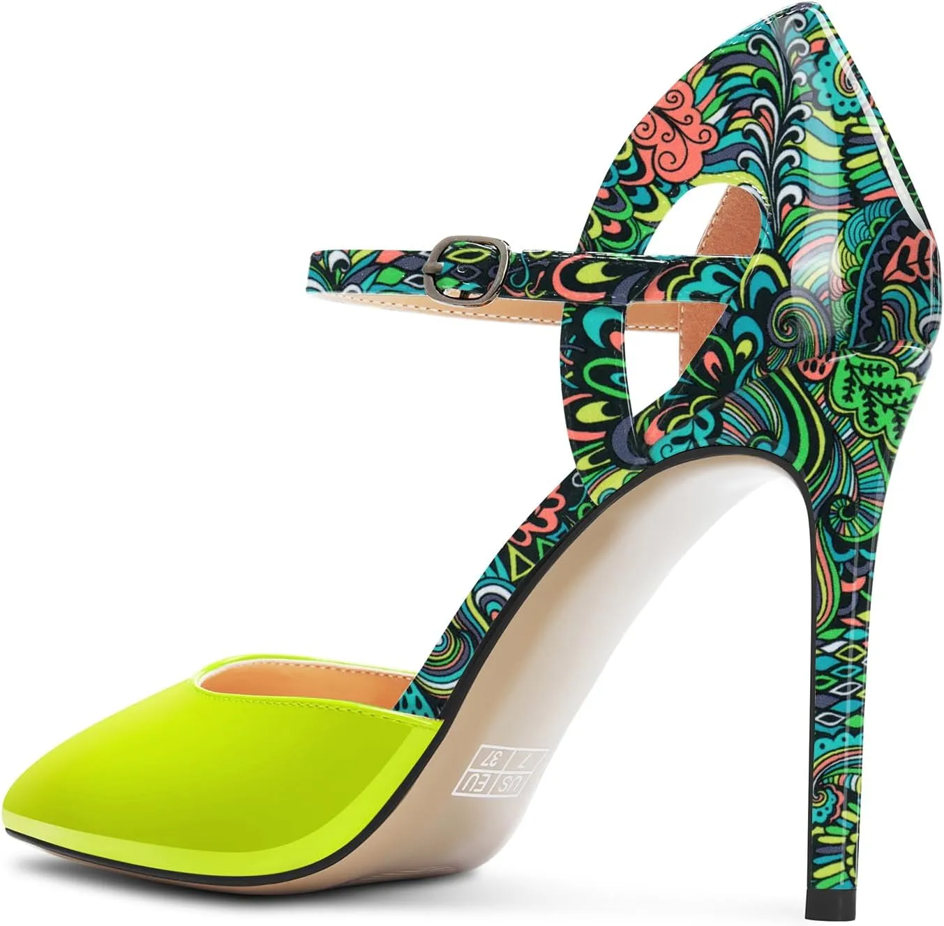 Saekcted Womens Stiletto High Heel Pointed Toe Pumps Ankle Strap Patchwork Party Cute Patent Leather 3.9 Inches Heels