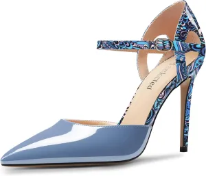 Saekcted Womens Stiletto High Heel Pointed Toe Pumps Ankle Strap Patchwork Party Cute Patent Leather 3.9 Inches Heels