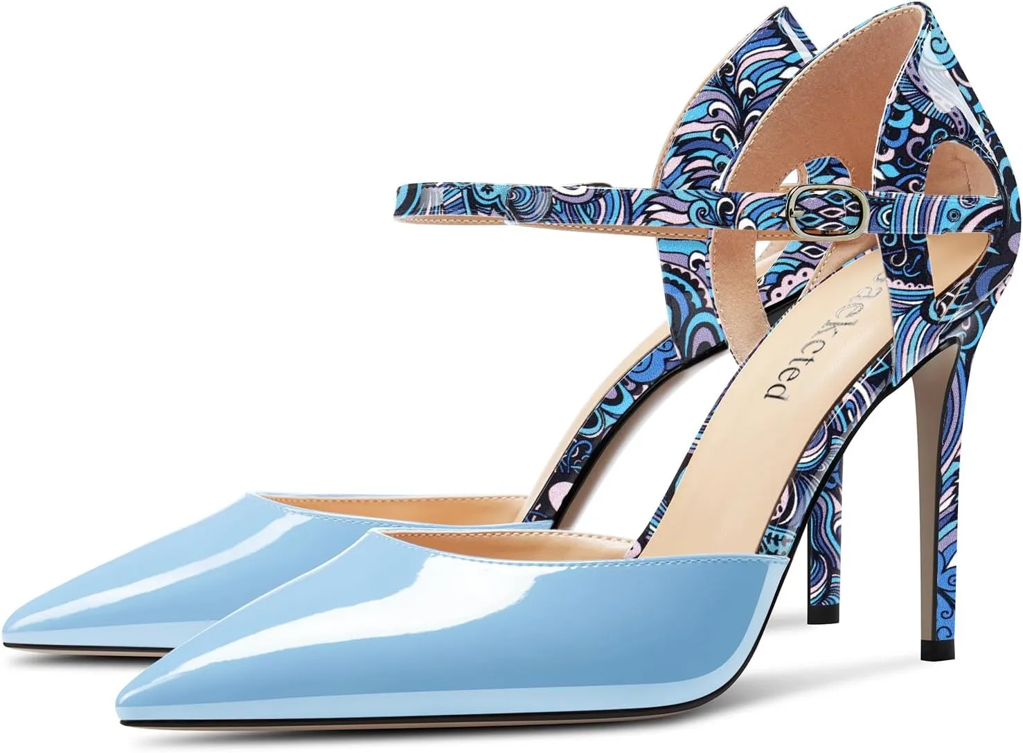 Saekcted Womens Stiletto High Heel Pointed Toe Pumps Ankle Strap Patchwork Party Cute Patent Leather 3.9 Inches Heels