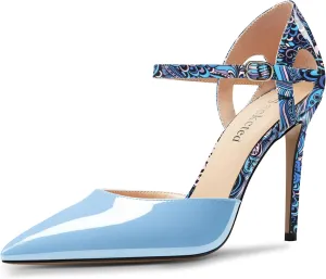 Saekcted Womens Stiletto High Heel Pointed Toe Pumps Ankle Strap Patchwork Party Cute Patent Leather 3.9 Inches Heels