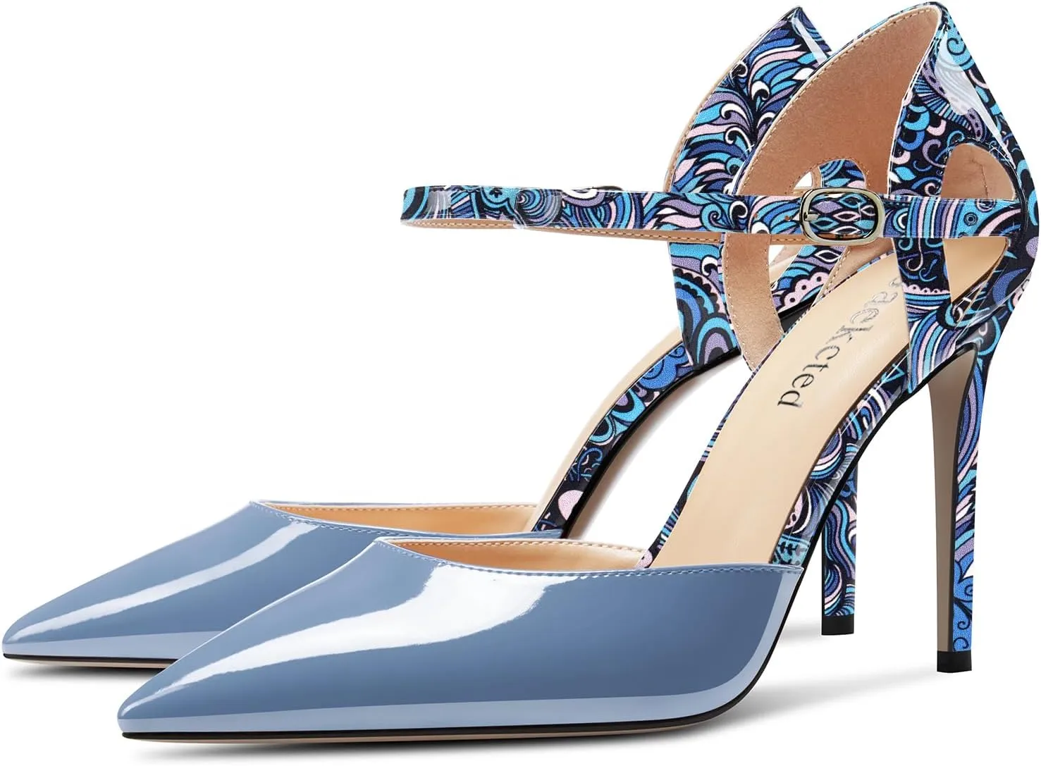 Saekcted Womens Stiletto High Heel Pointed Toe Pumps Ankle Strap Patchwork Party Cute Patent Leather 3.9 Inches Heels