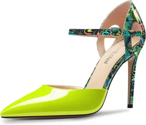 Saekcted Womens Stiletto High Heel Pointed Toe Pumps Ankle Strap Patchwork Party Cute Patent Leather 3.9 Inches Heels