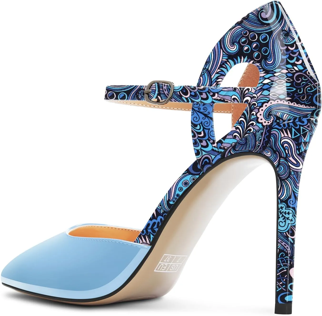Saekcted Womens Stiletto High Heel Pointed Toe Pumps Ankle Strap Patchwork Party Cute Patent Leather 3.9 Inches Heels