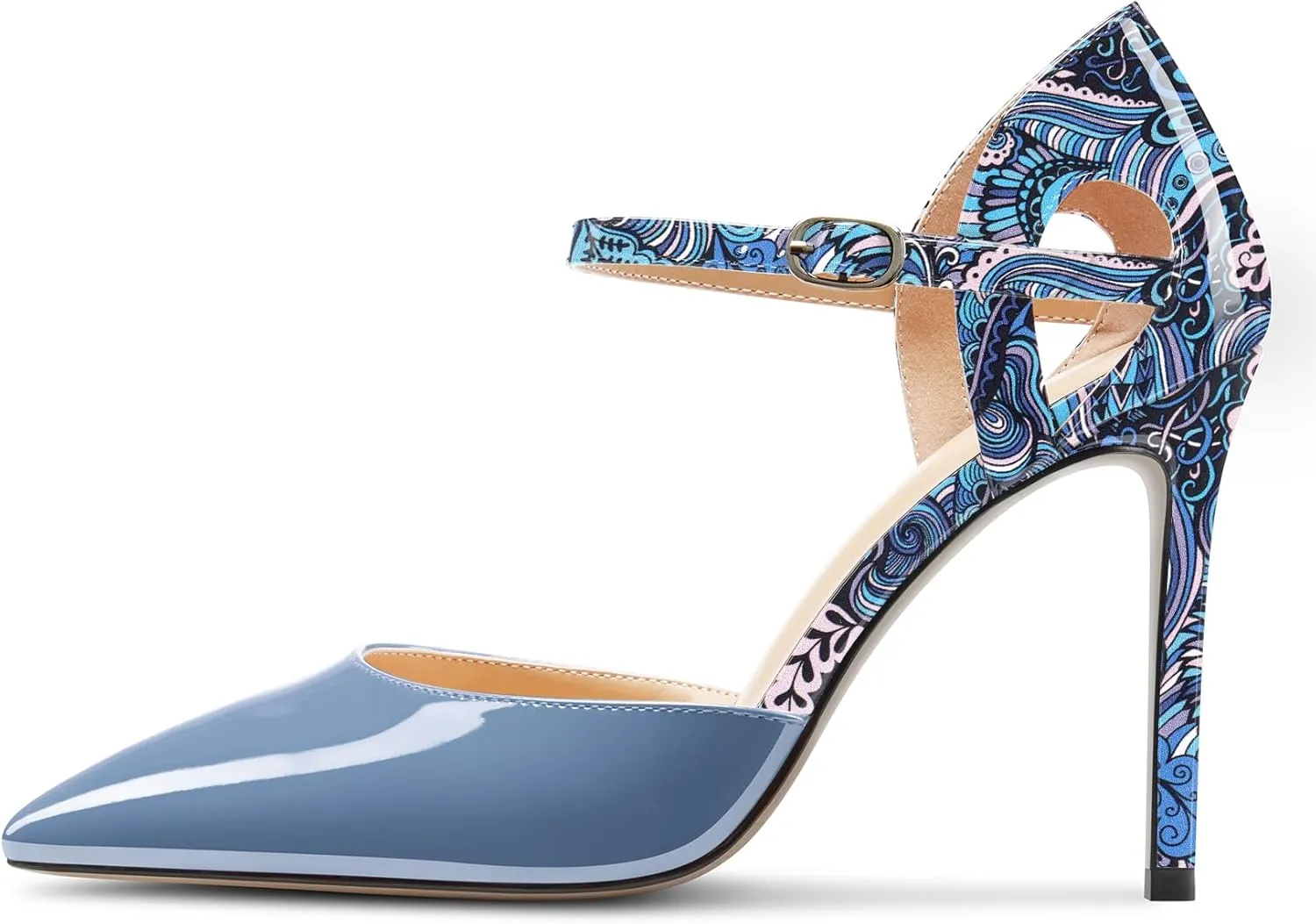 Saekcted Womens Stiletto High Heel Pointed Toe Pumps Ankle Strap Patchwork Party Cute Patent Leather 3.9 Inches Heels