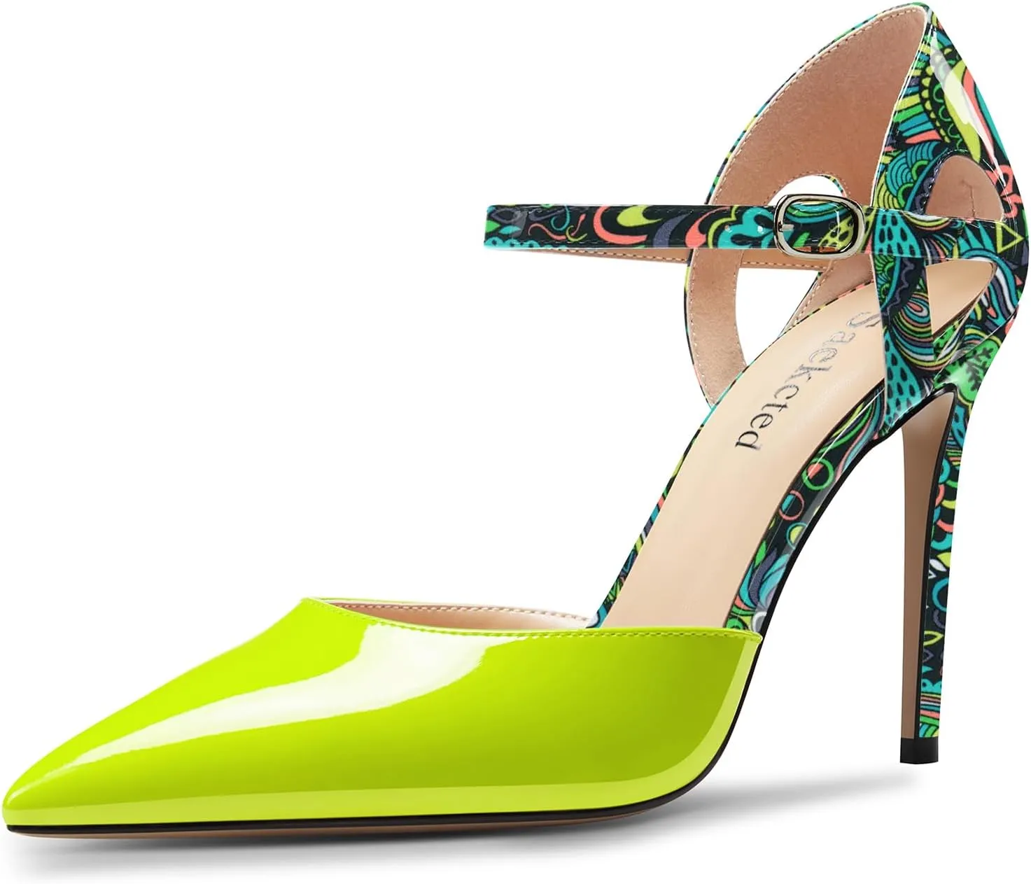 Saekcted Womens Stiletto High Heel Pointed Toe Pumps Ankle Strap Patchwork Party Cute Patent Leather 3.9 Inches Heels