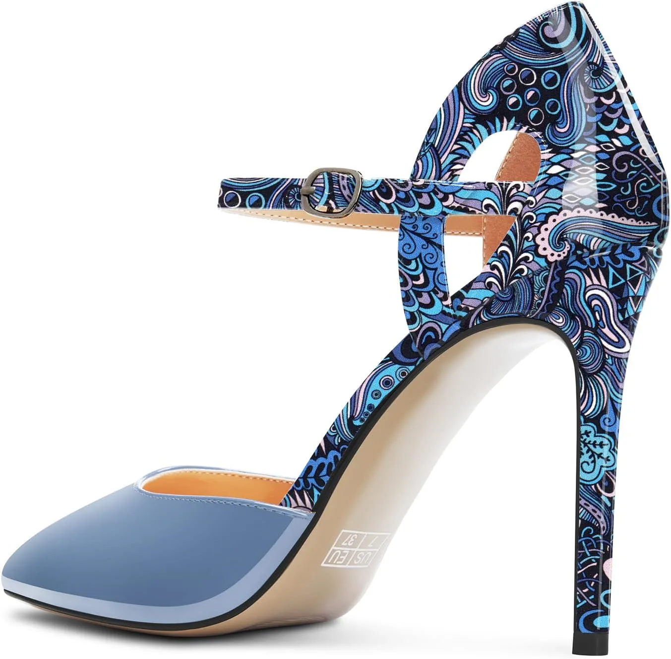 Saekcted Womens Stiletto High Heel Pointed Toe Pumps Ankle Strap Patchwork Party Cute Patent Leather 3.9 Inches Heels