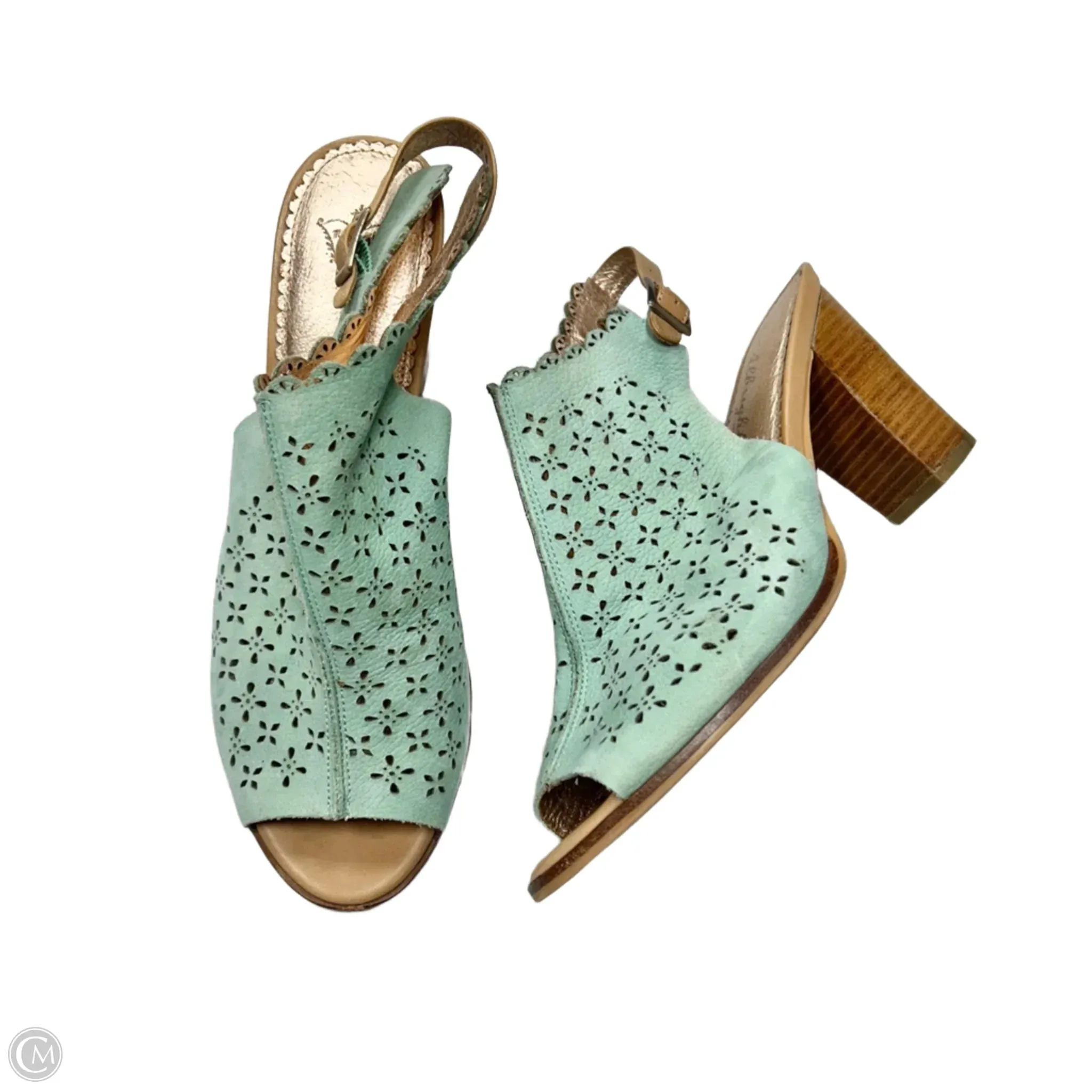 Slip Resistant Floral Design Heels Sandals Heels Block By Miss Albright In Teal, Size: 10