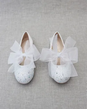 Satin Mary Jane Flats With Rhinestones Embellishment & White Chiffon Bow