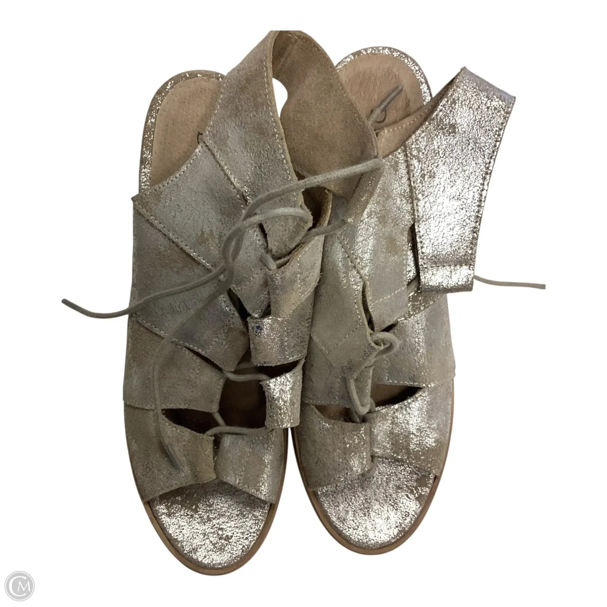 Shoes Heels Block By Clothes Mentor In Silver & Tan, Size: 8.5 Weekend Vibe Ankle Strap Heels