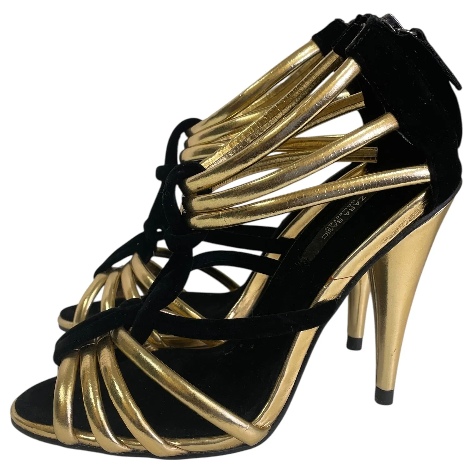 Chic Designer Heels SHOES HEELS STILETTO by ZARA BASIC In BLACK & GOLD, Size: 6