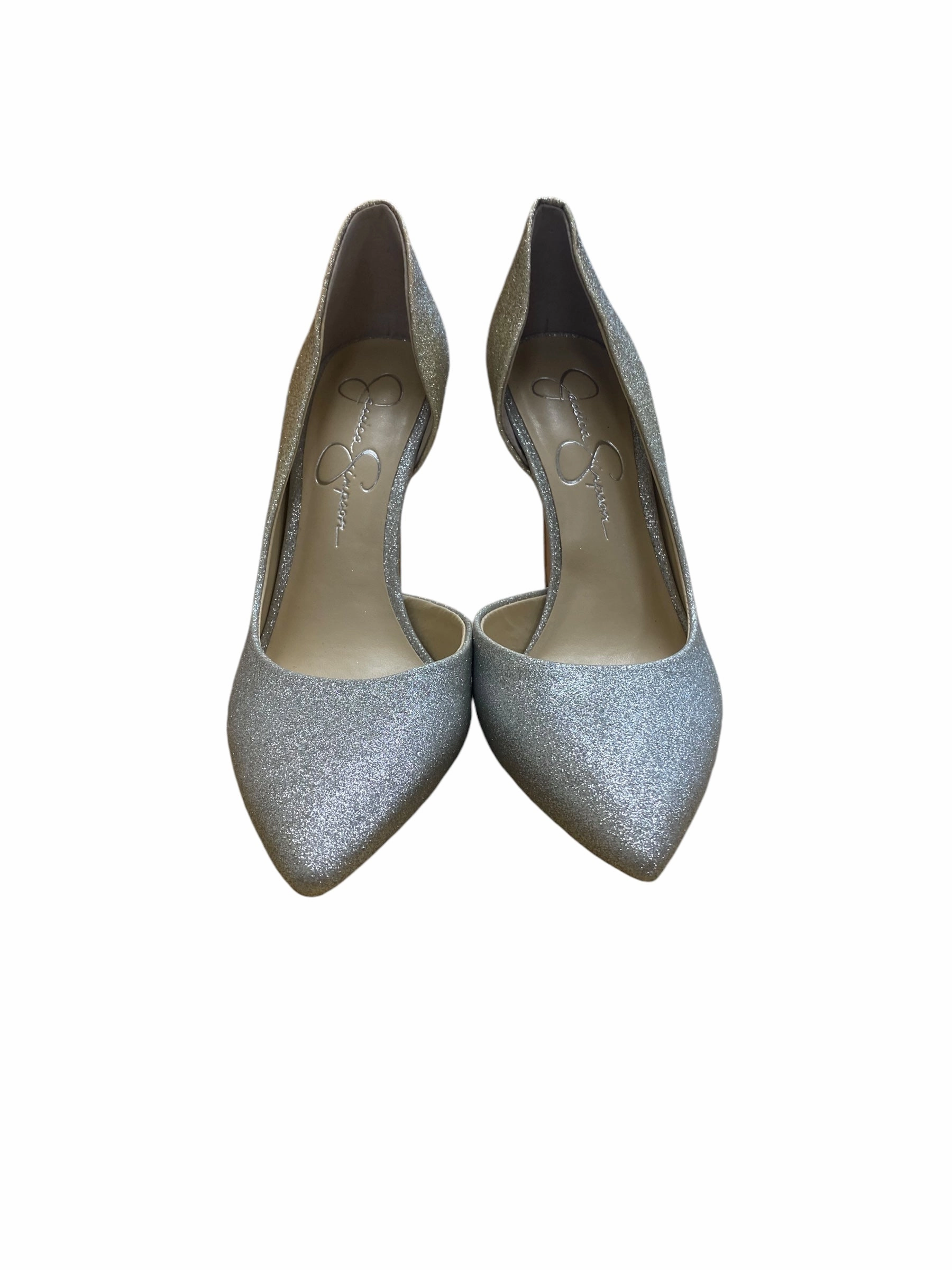 Elegant Platform Sandals Shoes Heels Stiletto By Jessica Simpson In Silver, Size: 7