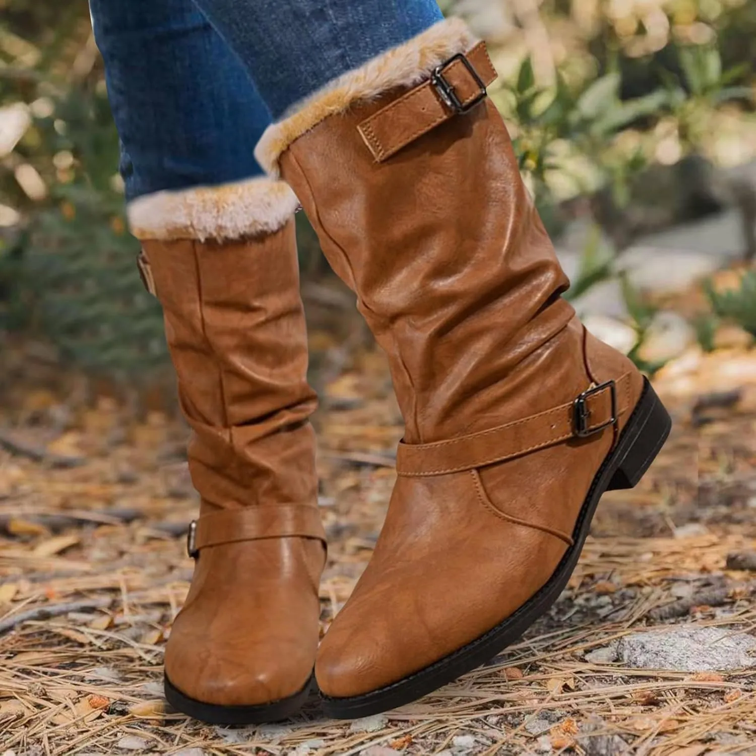 Snow Boots for Women Waterproof Leather Knee High Boots Winter Fully Fur Lined Wide Calf Cowboy Boots