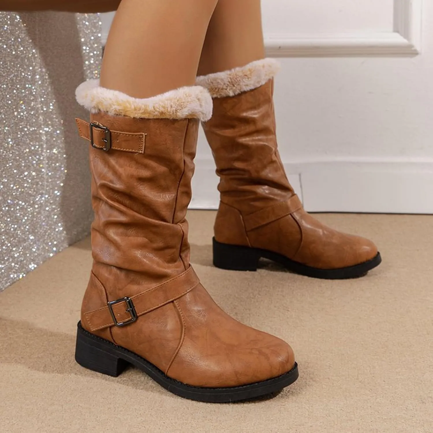 Snow Boots for Women Waterproof Leather Knee High Boots Winter Fully Fur Lined Wide Calf Cowboy Boots