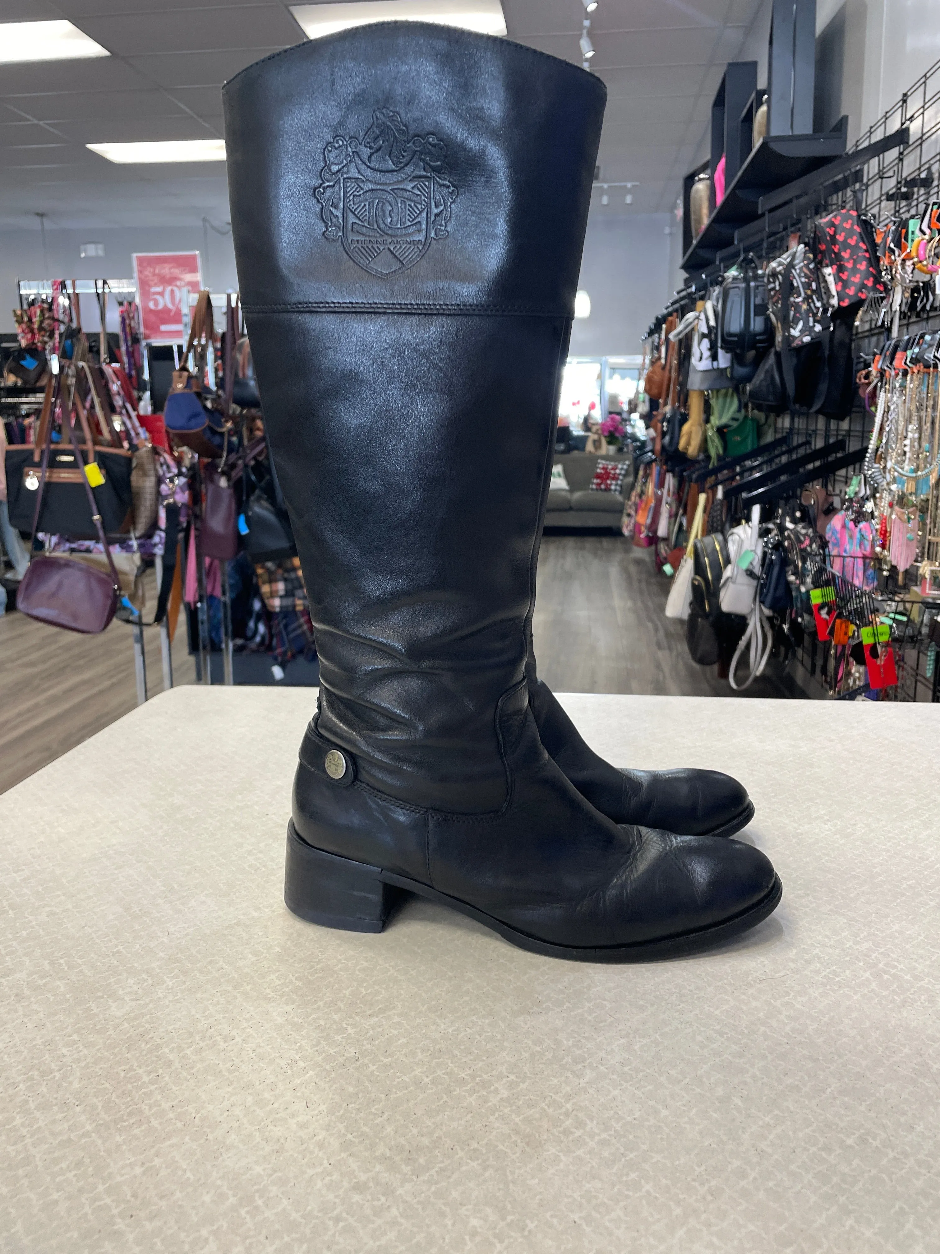 Trendy Classic Boots Knee Heels By Etienne Aigner In Black, Size: 9.5