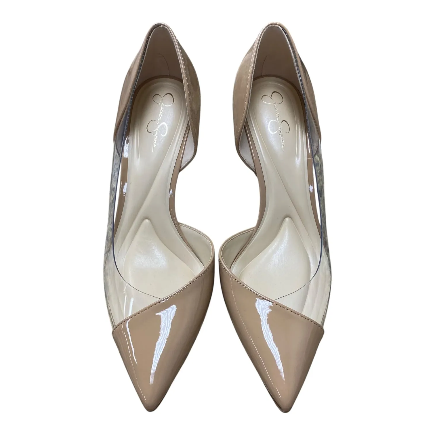 Strap closure Contoured Footbed Shoes Heels Stiletto By Jessica Simpson In Tan, Size:8.5