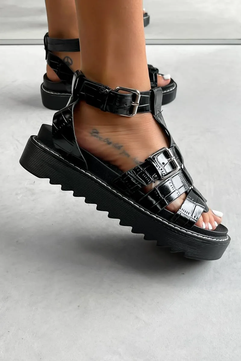 SYSTEM Chunky Gladiator Sandals - Black Croc