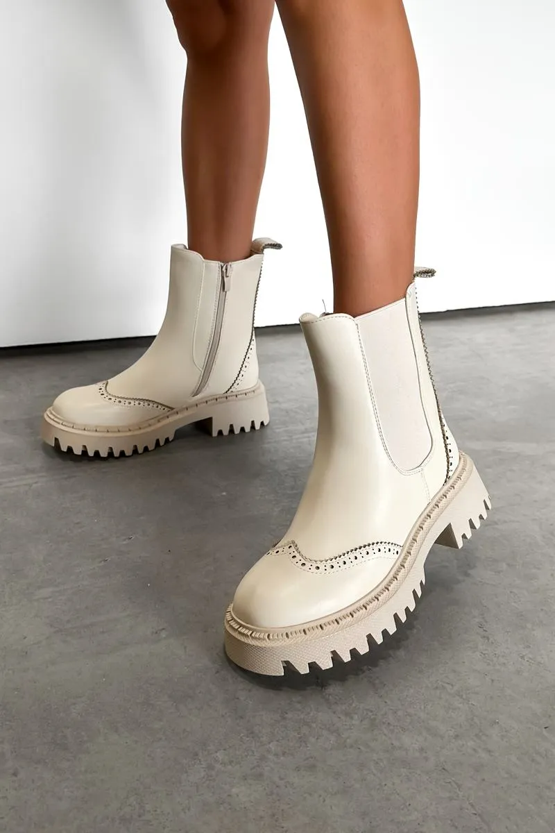 TEXAN Chunky Platform Western Boots - Beige PU
