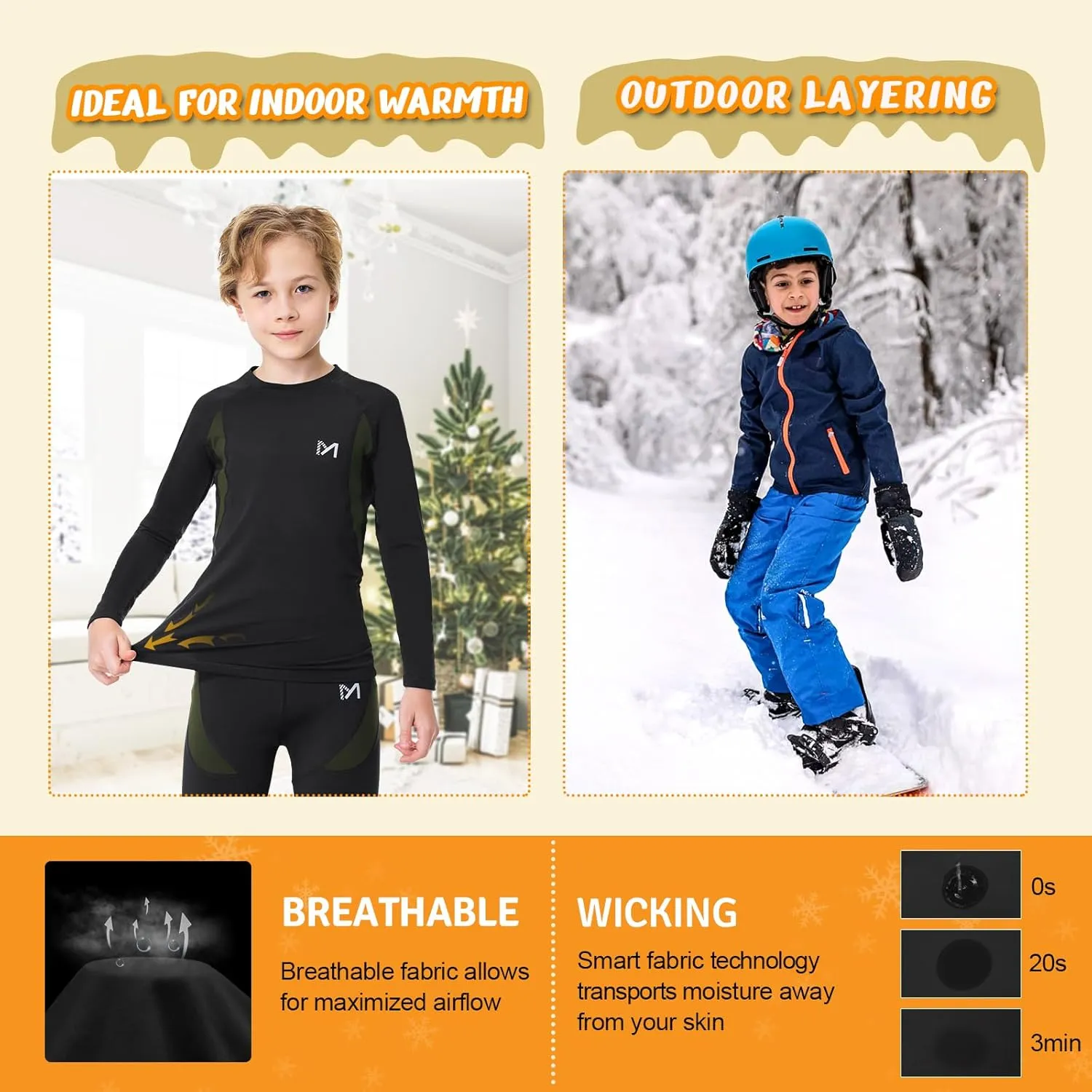 Thermal Underwear for Kids, Boys Thermal Underwear Set Long Underwear Long Johns for Kids, Base Layer for Winter