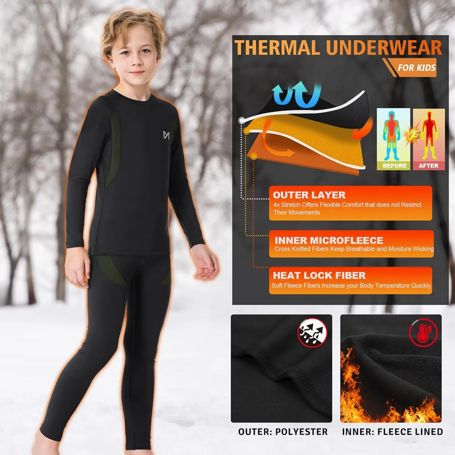 Thermal Underwear for Kids, Boys Thermal Underwear Set Long Underwear Long Johns for Kids, Base Layer for Winter