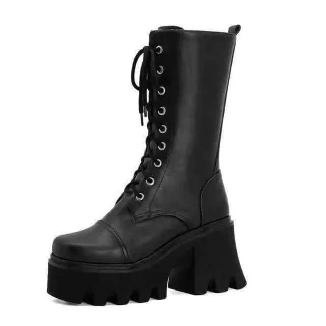 Thick platform chunky high heel combat boots