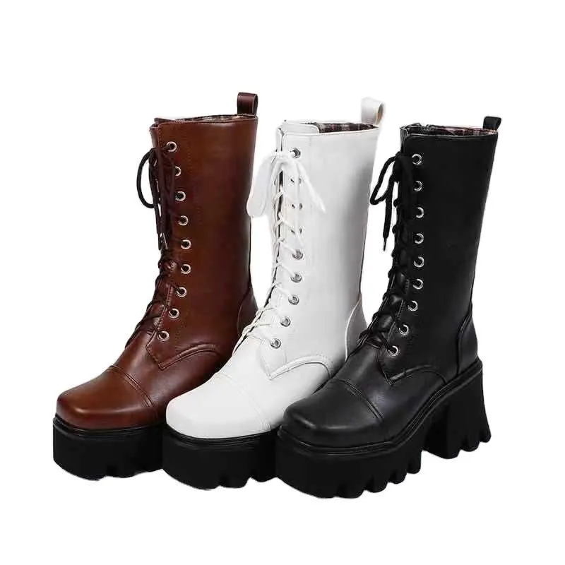 Thick platform chunky high heel combat boots