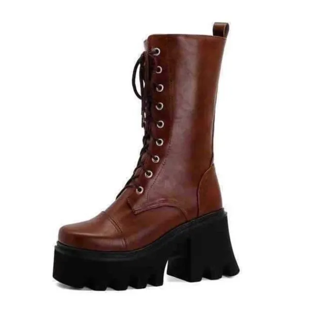 Thick platform chunky high heel combat boots