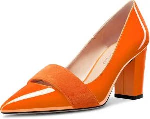 TNYNFBEB Women Chunky Block Mid Heel Close Pointed Toe Pumps Slip-on Patchwork Party Wedding Basic Classic 3.2 Inches Heels