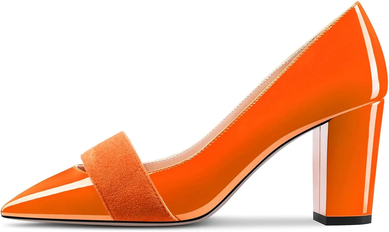 TNYNFBEB Women Chunky Block Mid Heel Close Pointed Toe Pumps Slip-on Patchwork Party Wedding Basic Classic 3.2 Inches Heels