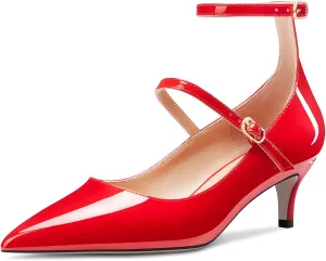 TNYNFBEB Women Low Kitten Heel Close Pointed Toe Pumps Ankle Strap Mary Jane Buckle Wedding Party Cute 2.0 Inches Heels