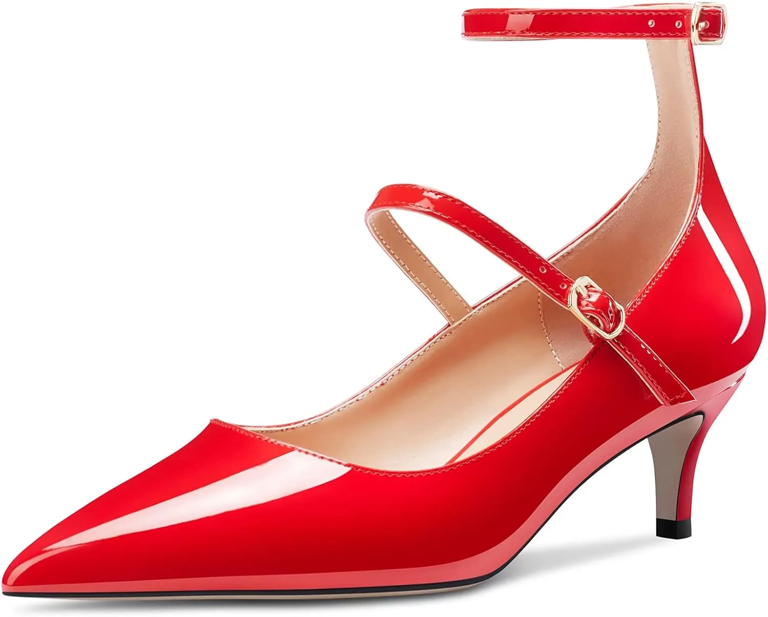 TNYNFBEB Women Low Kitten Heel Close Pointed Toe Pumps Ankle Strap Mary Jane Buckle Wedding Party Cute 2.0 Inches Heels