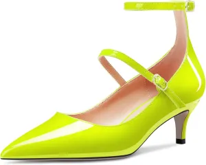 TNYNFBEB Women Low Kitten Heel Close Pointed Toe Pumps Ankle Strap Mary Jane Buckle Wedding Party Cute 2.0 Inches Heels