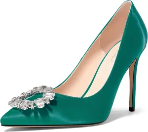 TNYNFBEB Womens Stiletto High Heel Pointed Toe Pumps Slip-on Satin Buckle Rhinestone Crystal Wedding Party Basic Classic Summer 3.9 Inches Heels