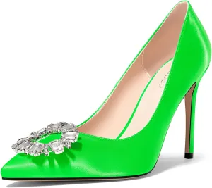 TNYNFBEB Womens Stiletto High Heel Pointed Toe Pumps Slip-on Satin Buckle Rhinestone Crystal Wedding Party Basic Classic Summer 3.9 Inches Heels