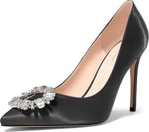 TNYNFBEB Womens Stiletto High Heel Pointed Toe Pumps Slip-on Satin Buckle Rhinestone Crystal Wedding Party Basic Classic Summer 3.9 Inches Heels