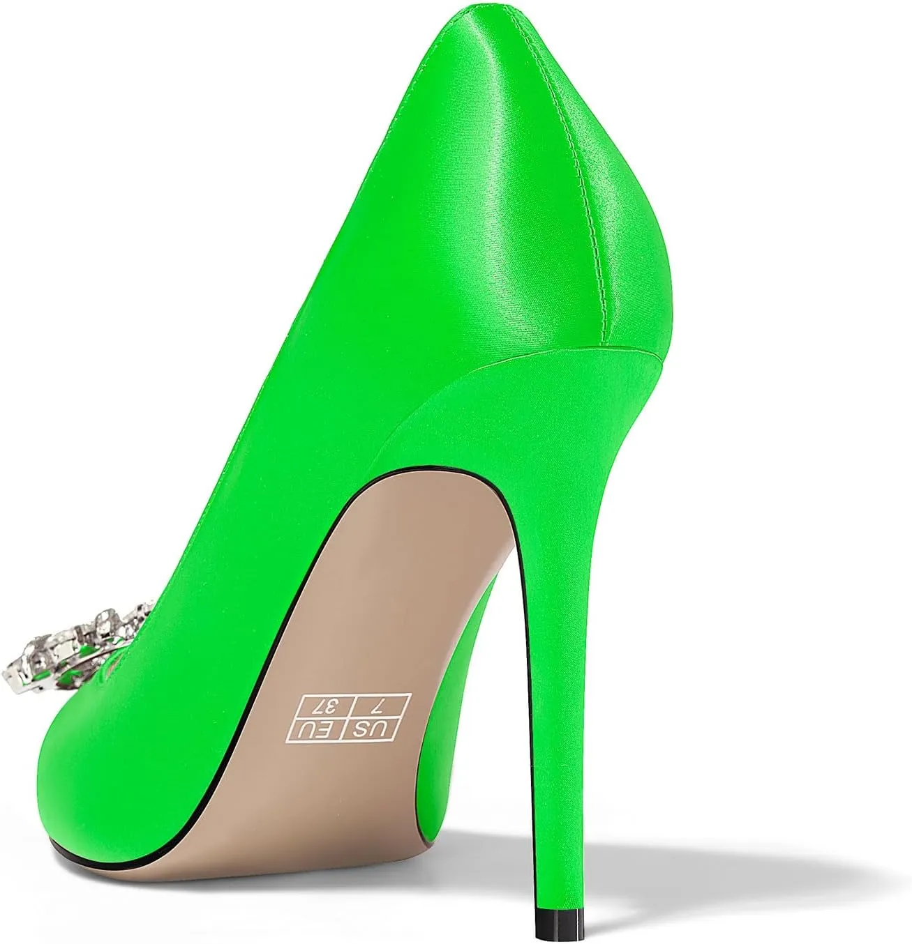 TNYNFBEB Womens Stiletto High Heel Pointed Toe Pumps Slip-on Satin Buckle Rhinestone Crystal Wedding Party Basic Classic Summer 3.9 Inches Heels