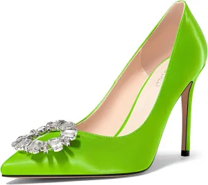 TNYNFBEB Womens Stiletto High Heel Pointed Toe Pumps Slip-on Satin Buckle Rhinestone Crystal Wedding Party Basic Classic Summer 3.9 Inches Heels